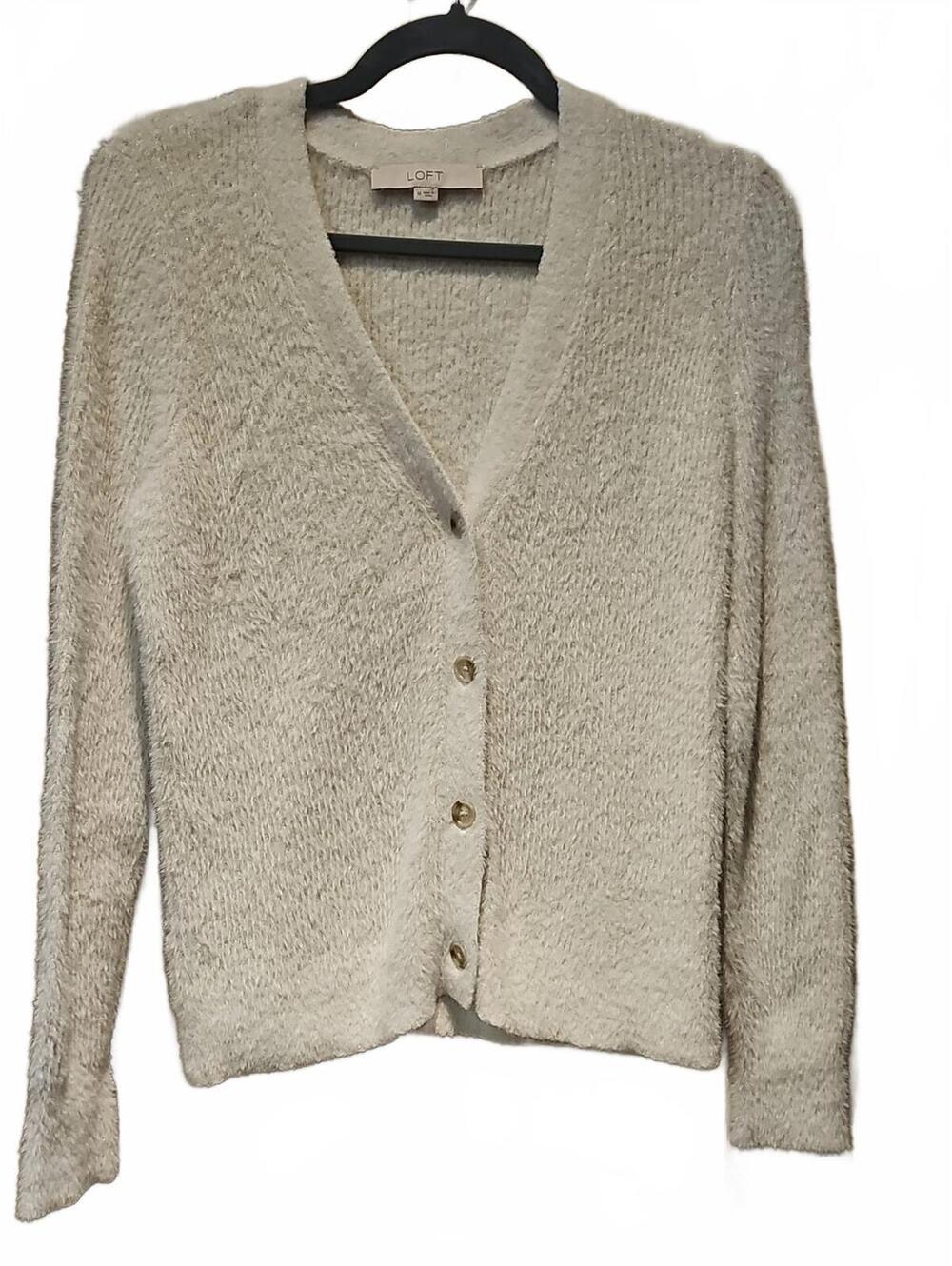 The Loft Size Medium - Shimmer Fuzzy V-Neck Cardigan Sweater Cream NWOT!